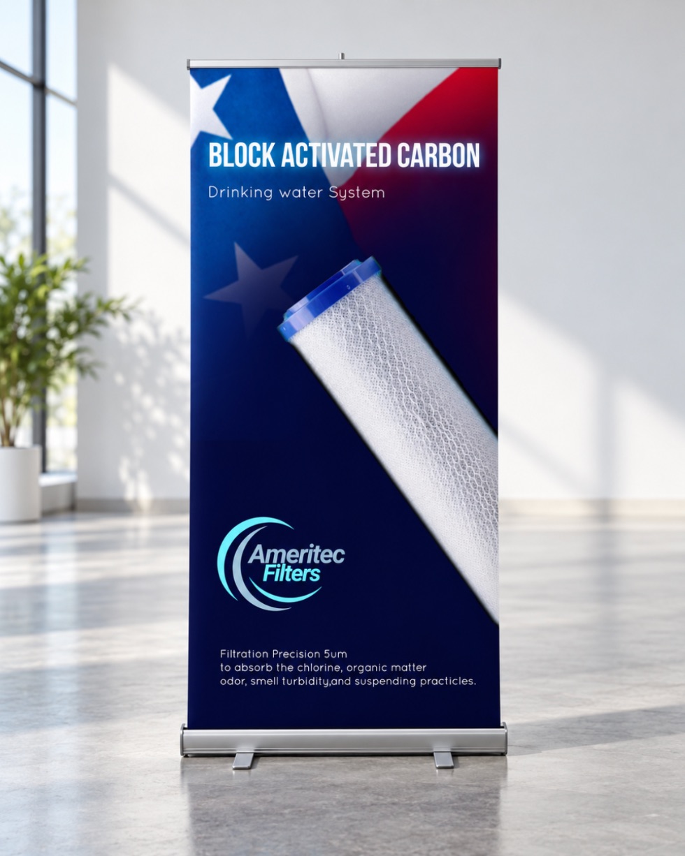 Block activated carbon roll-up banner in a showroom
