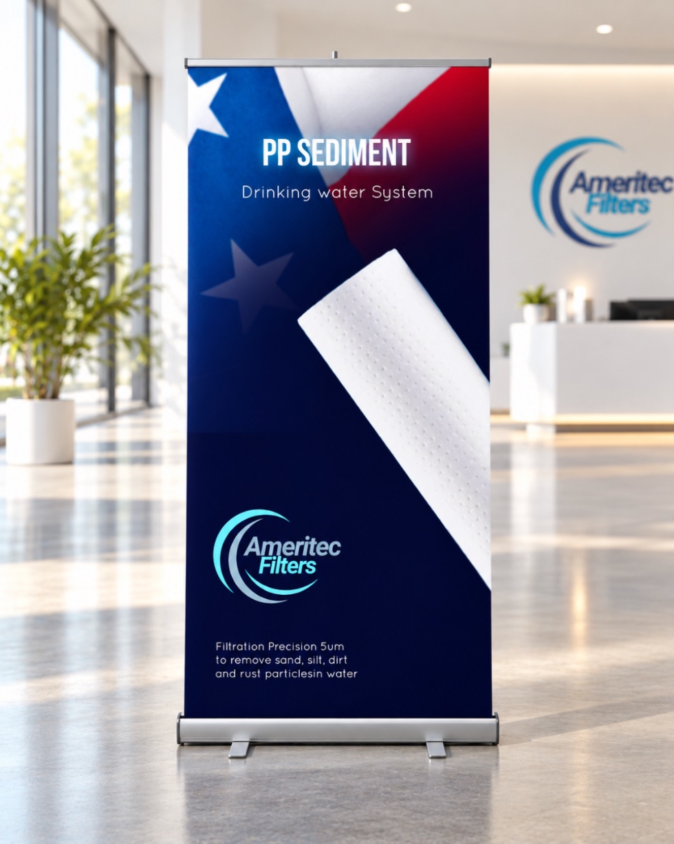 PP sediment roll-up banner in a lobby