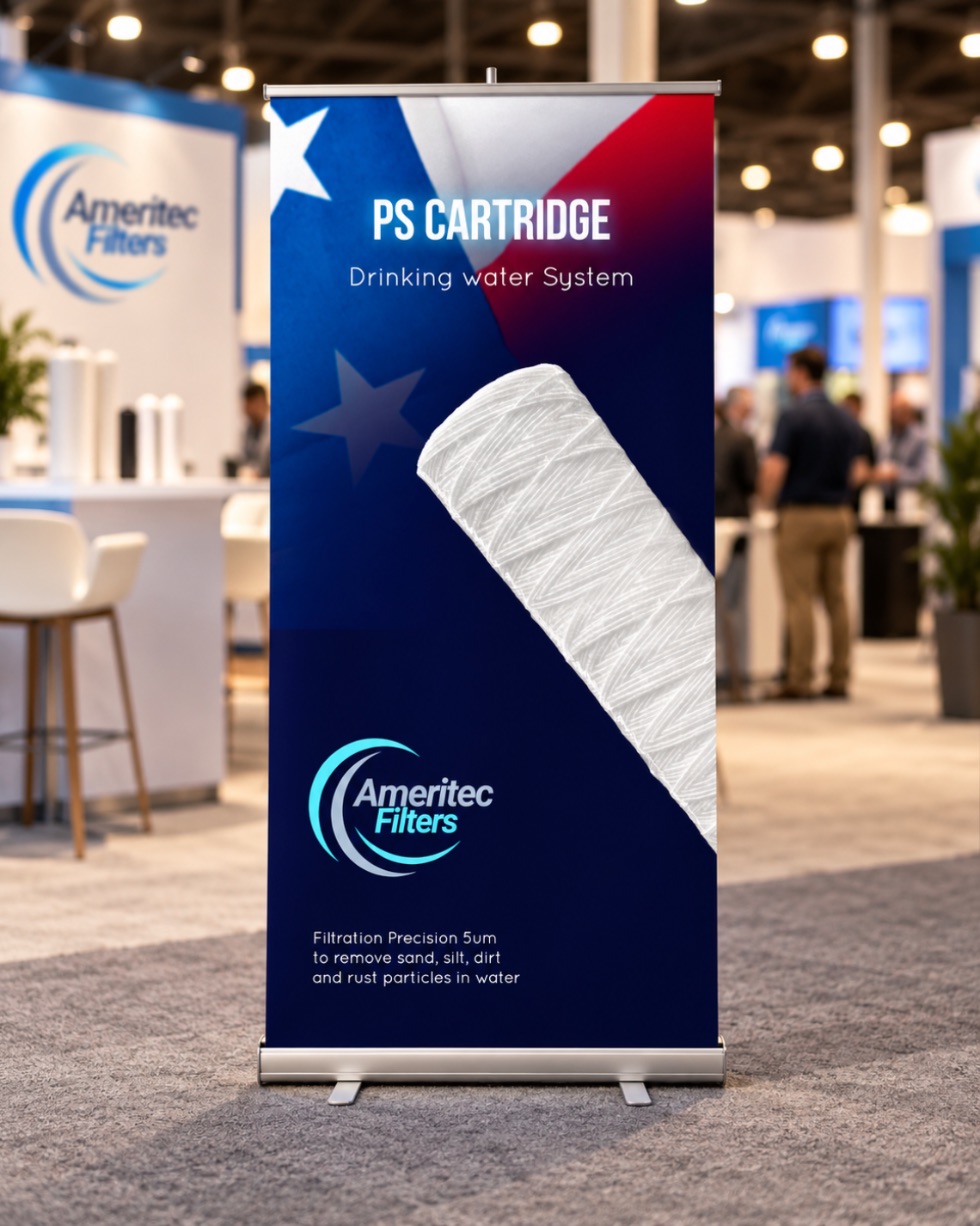 PS cartridge roll-up banner at a trade show