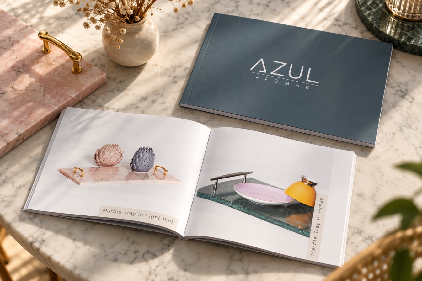 Azul printed catalogue on a marble table