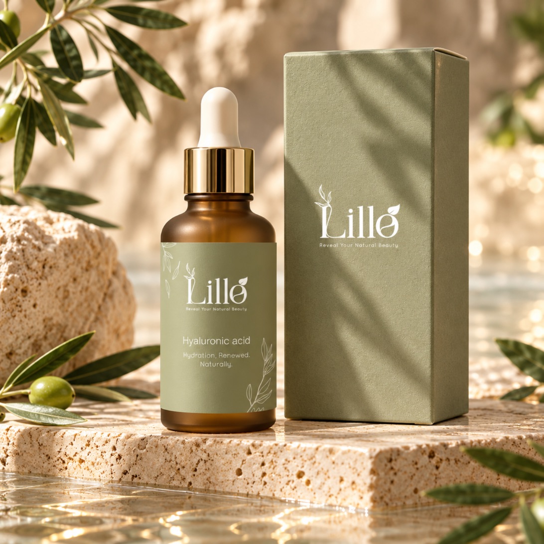 Lillo serum bottle and box on travertine