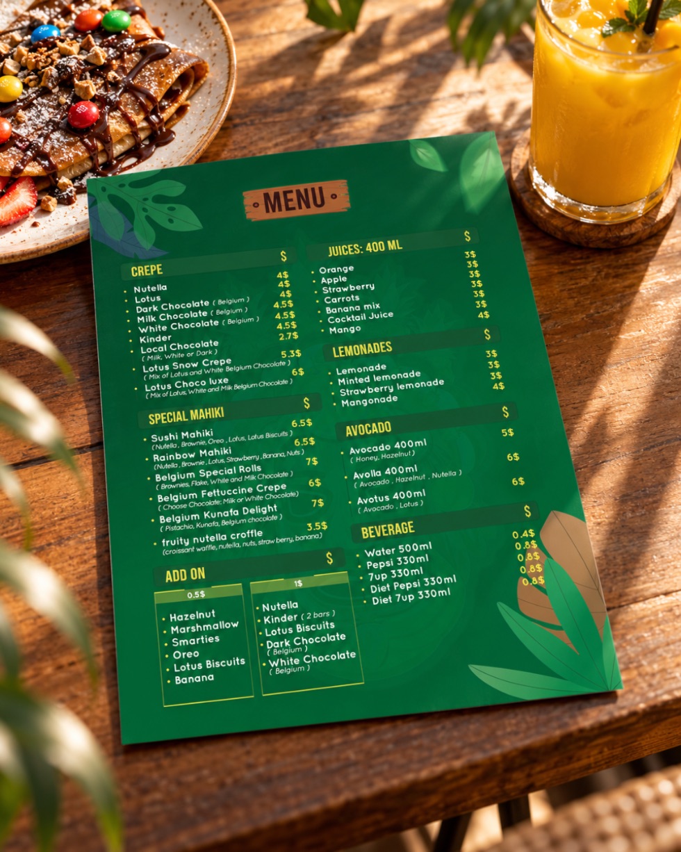 Mahiki printed menu on a café table