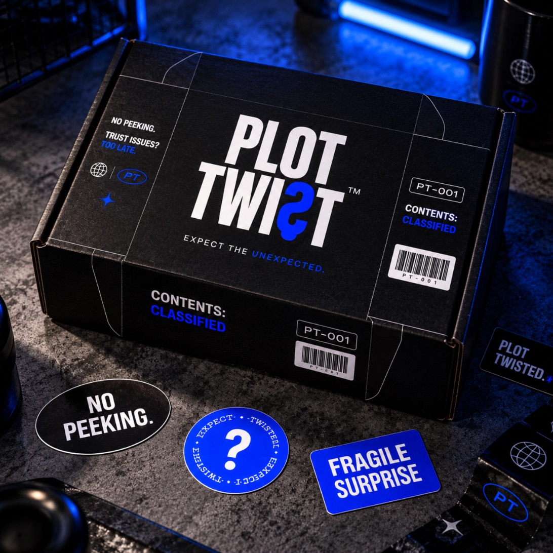 Plot Twist closed mailer box with stickers