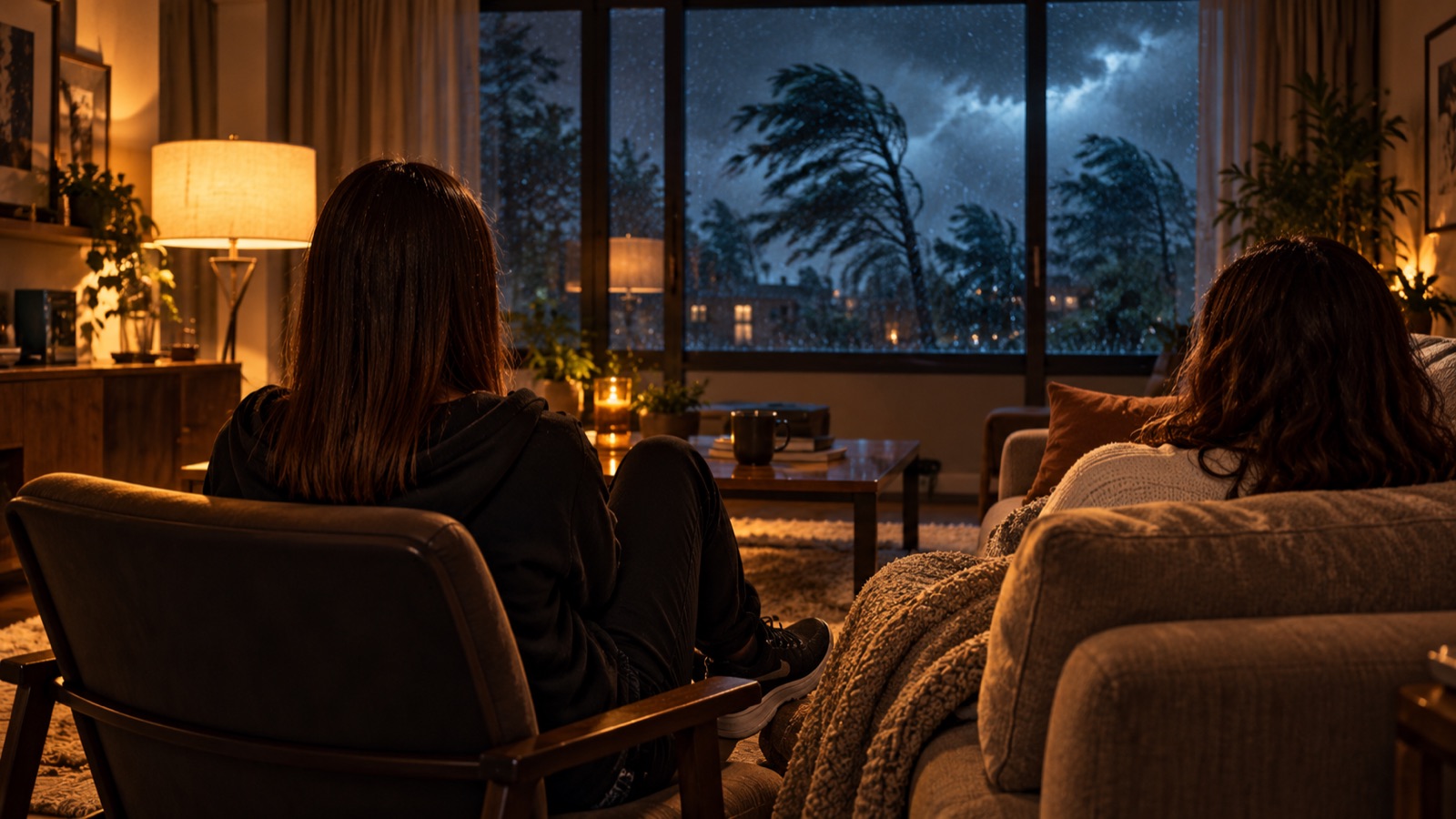 A dark living room at night with trees thrashing outside