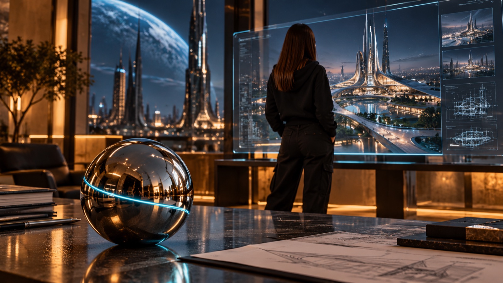Chrome sphere above an architectural model