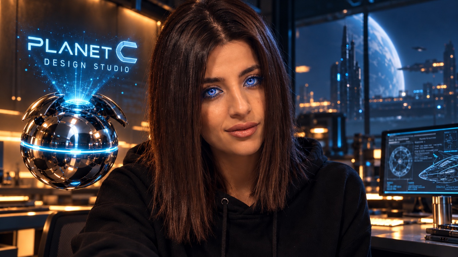 Christiane with the Planet C logo behind her