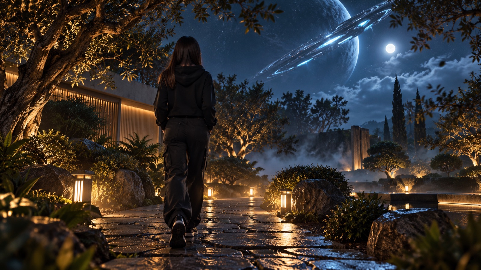 Walking into a moonlit garden
