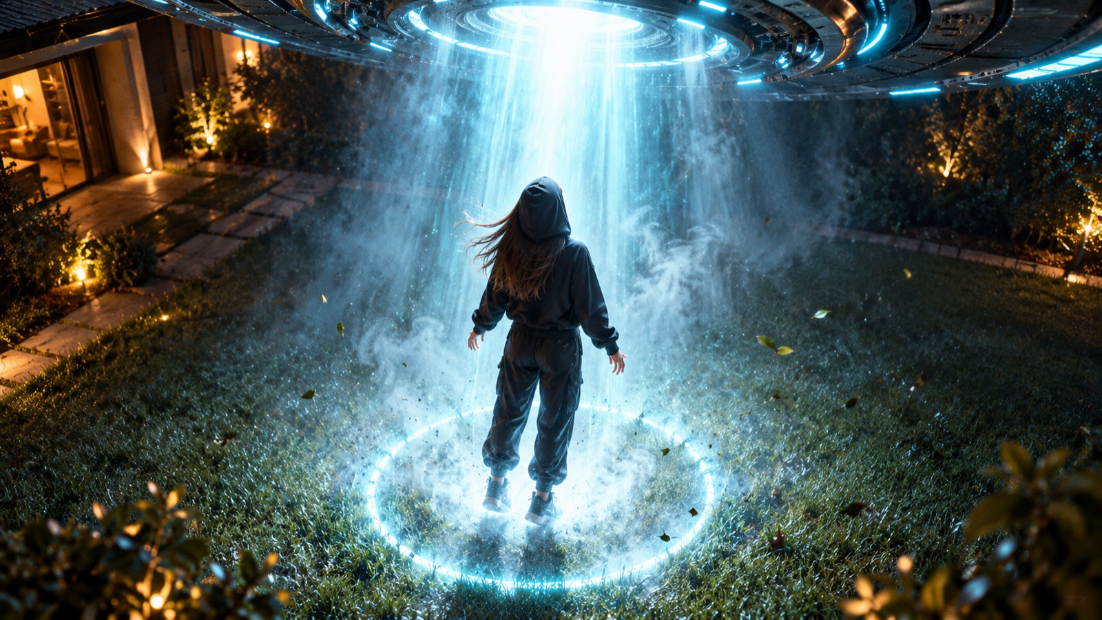 A hooded traveler standing in a cyan beam of light