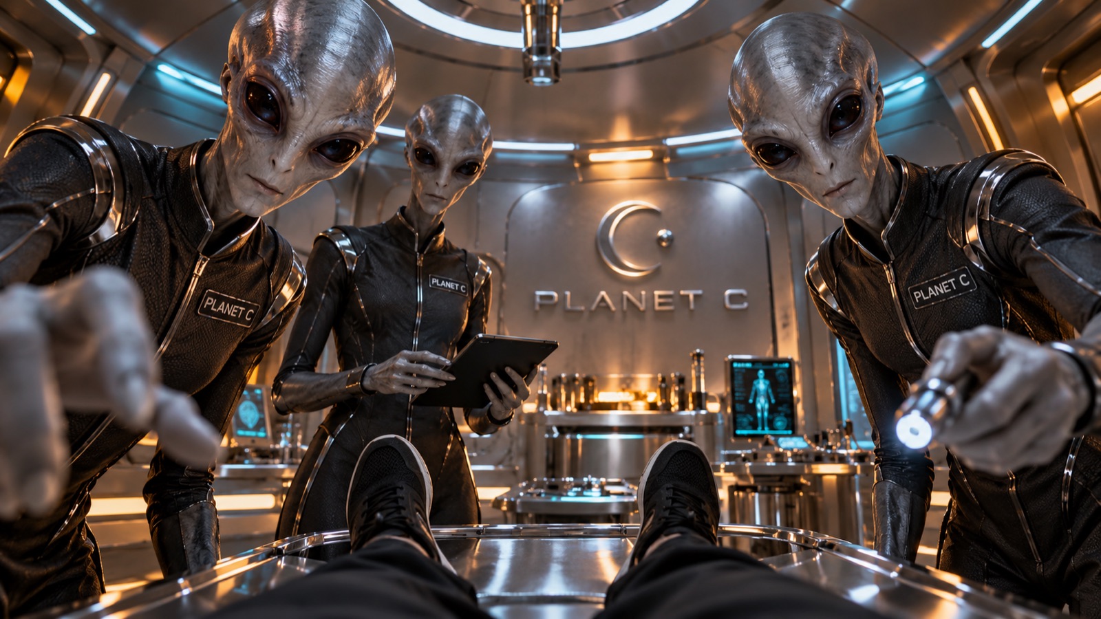 Silver figures in a futuristic medical bay