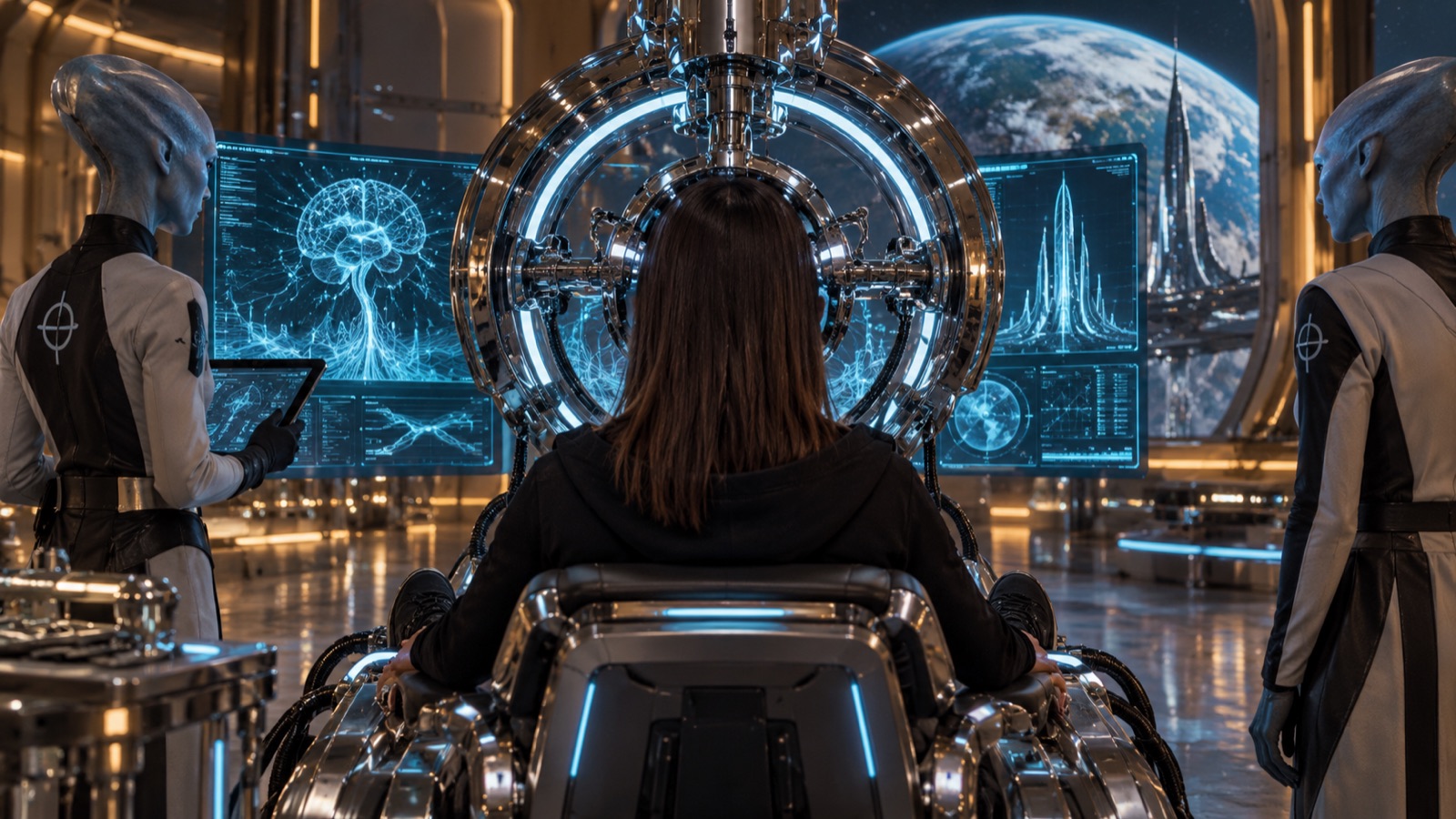 A cyan neural ring above her head on Planet C