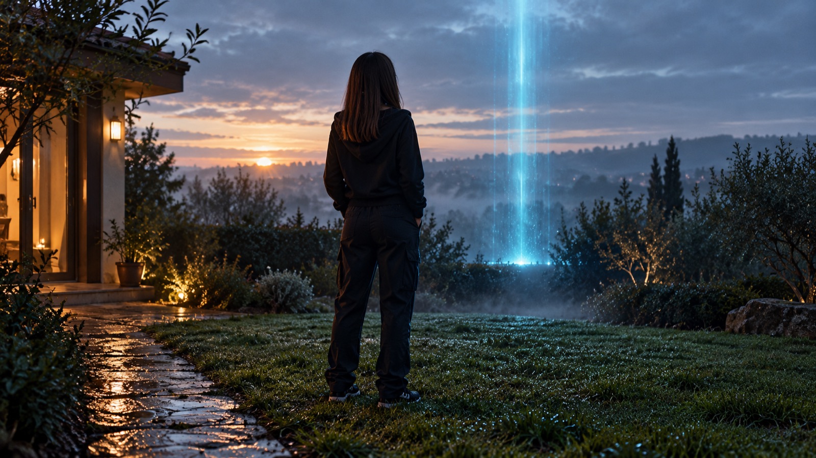 Returning home beneath a fading beam at dawn