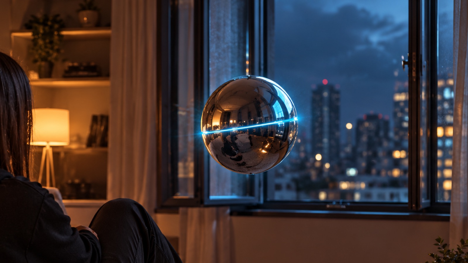 A chrome sphere floating toward her