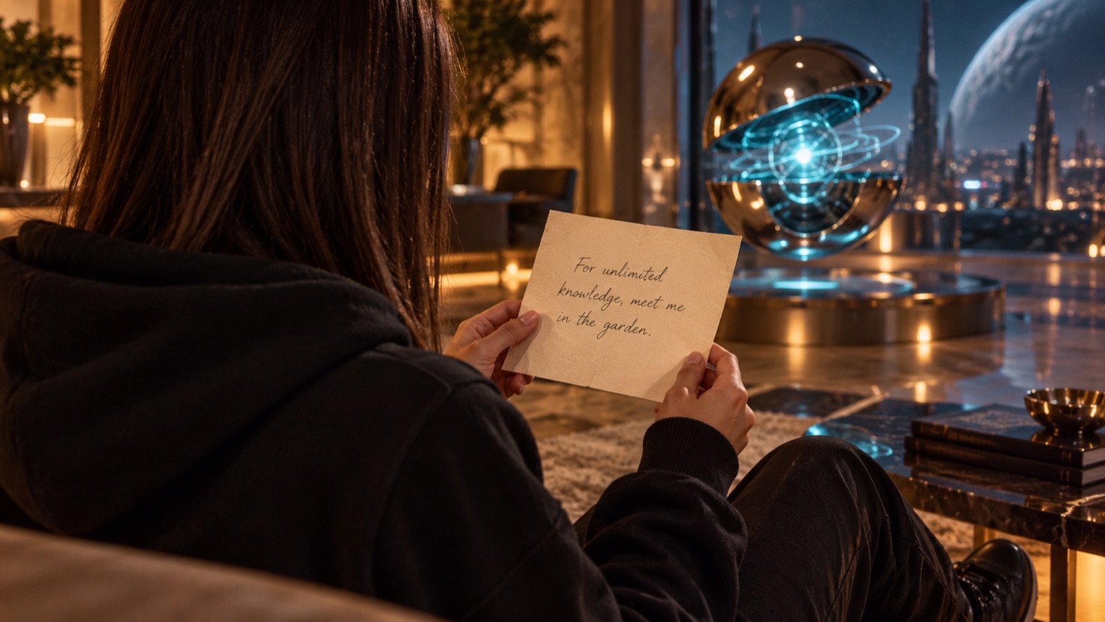 Reading a letter beneath the chrome sphere